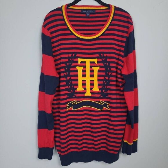 Tommy Hilfiger Womens Striped Sweater Red Blue Size XL Logo Crest Classic Preppy - Picture 1 of 6
